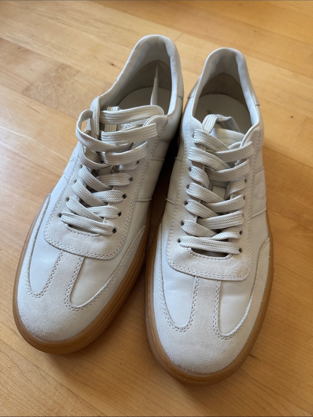 Tod’s Classic round toe Men's White Leather Suede Sneakers with Gum Sole